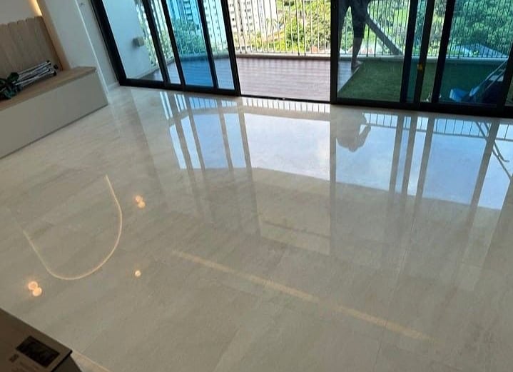 Completed polished floor finish in a bright room