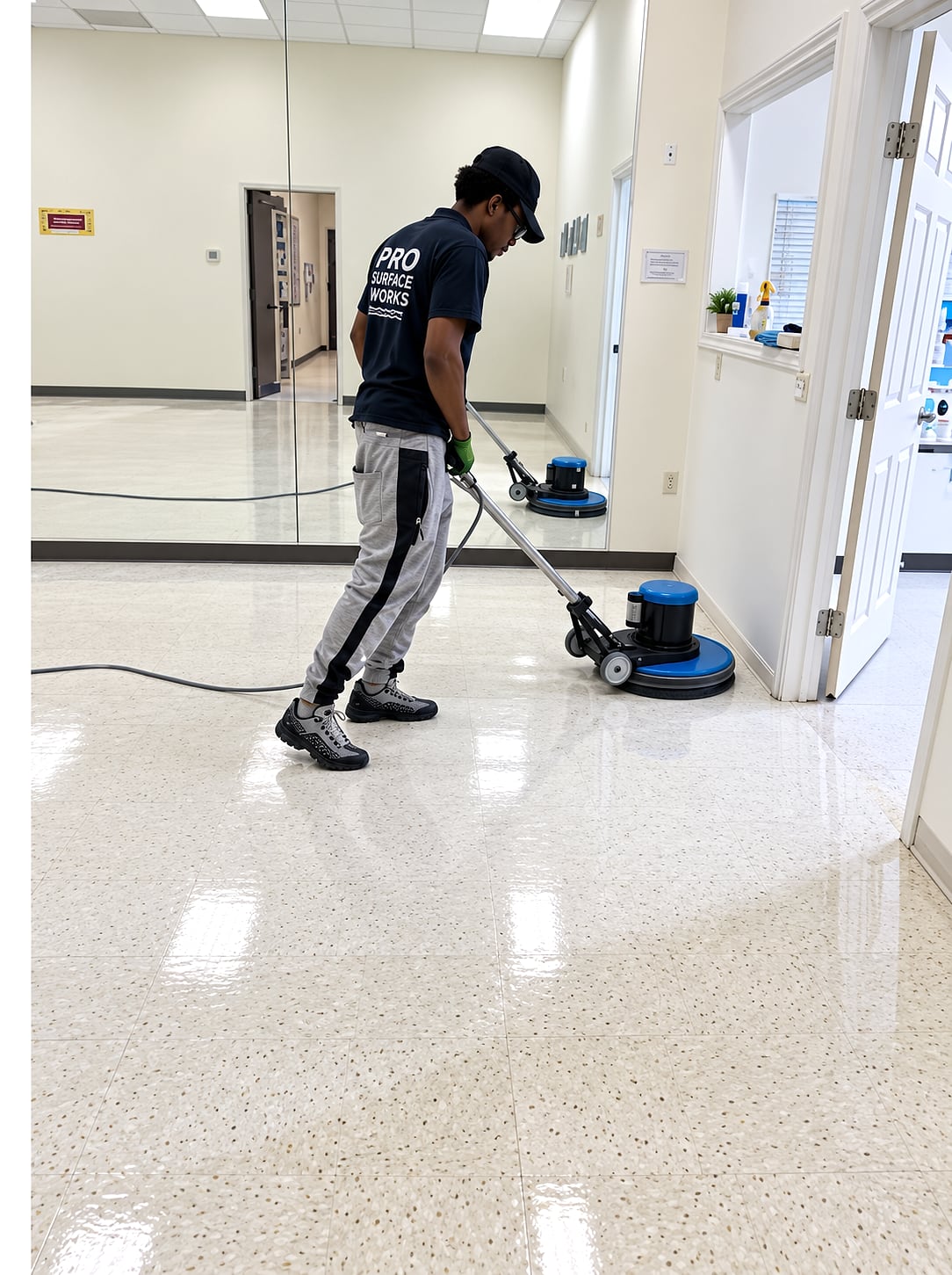 Commercial floor buffing in progress by Pro Surface Works