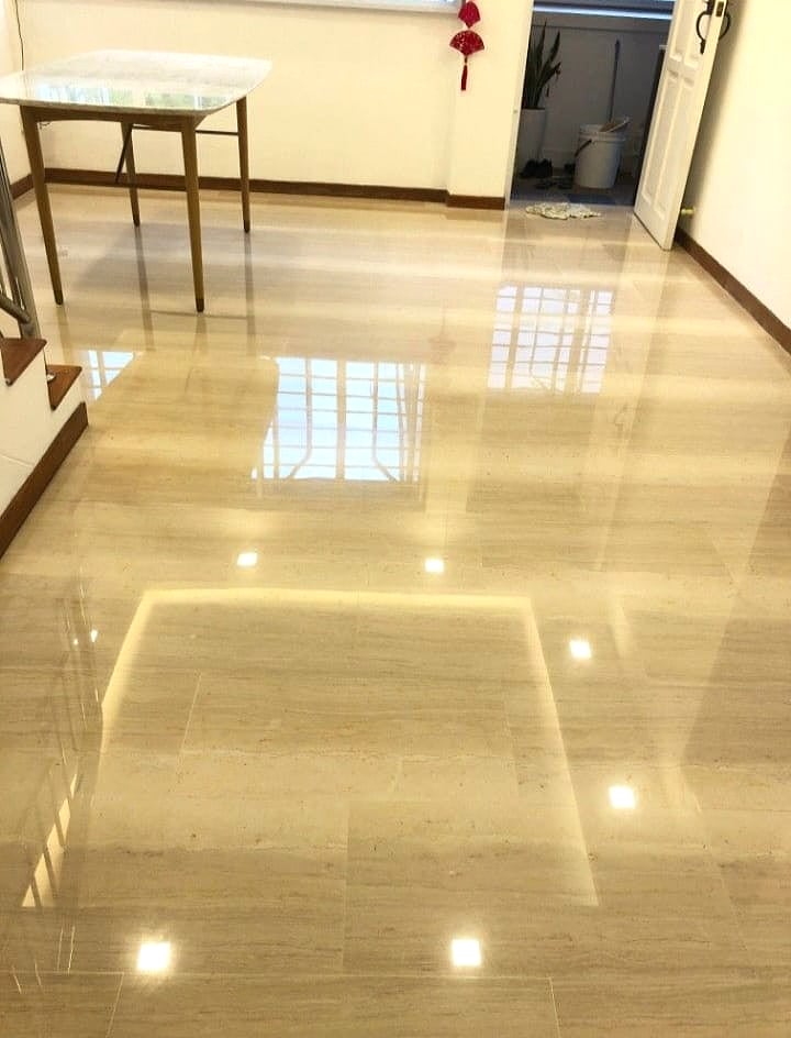 High-gloss marble floor finish after polishing by Pro Surface Works