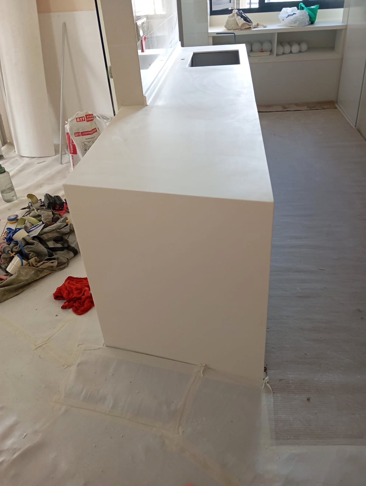 Long vanity or stone top prepared for polishing work
