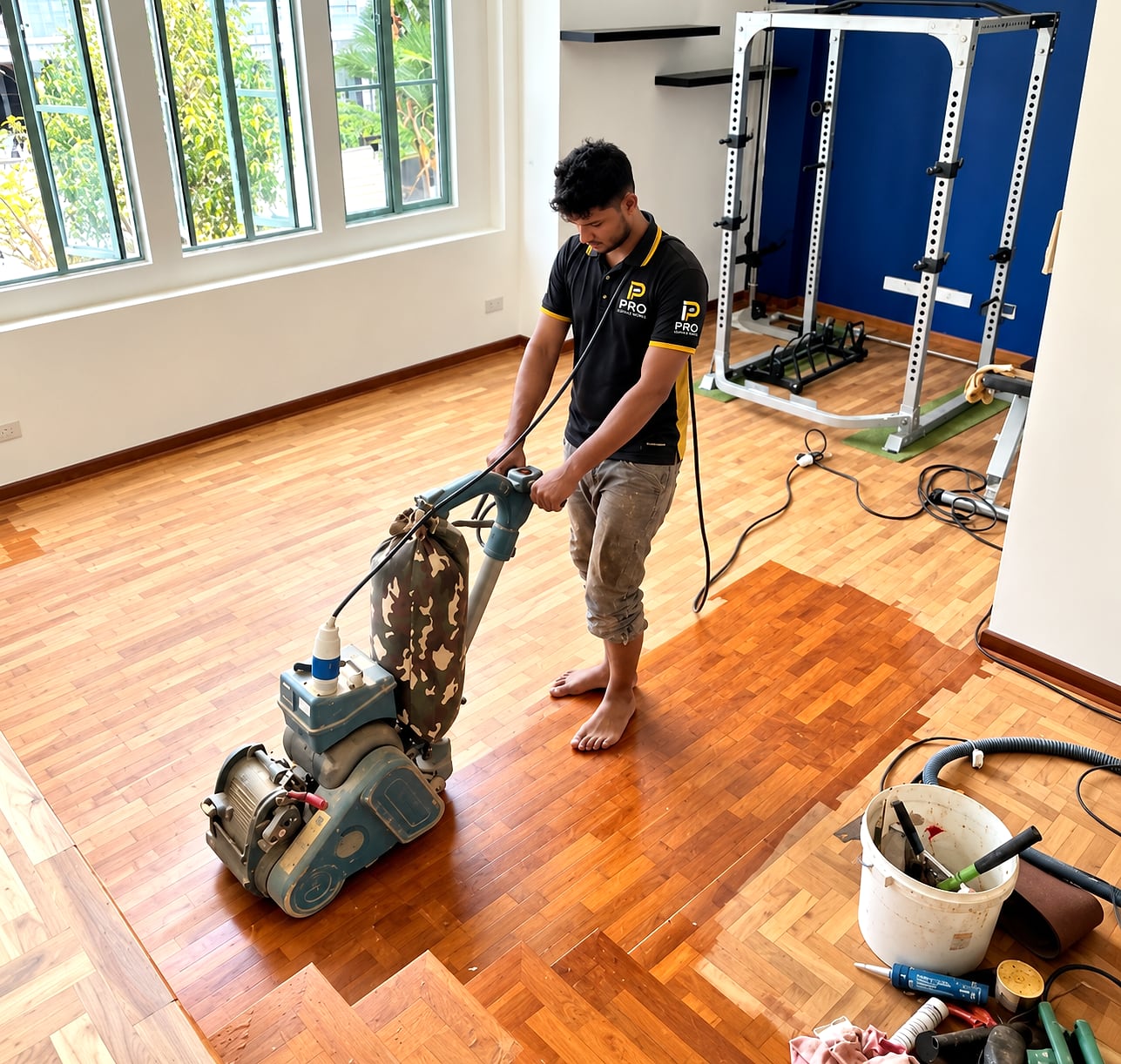 Parquet floor sanding machine preparing a timber floor by Pro Surface Works