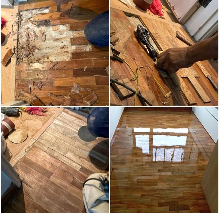 Parquet repair and restoration stages from damaged floor to finished timber