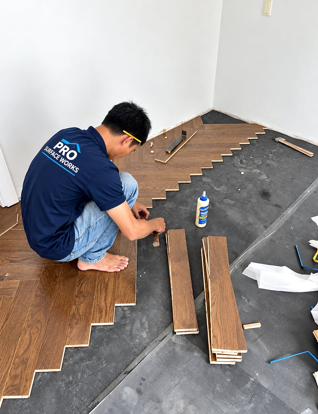 Brown vinyl plank installation with subfloor preparation visible