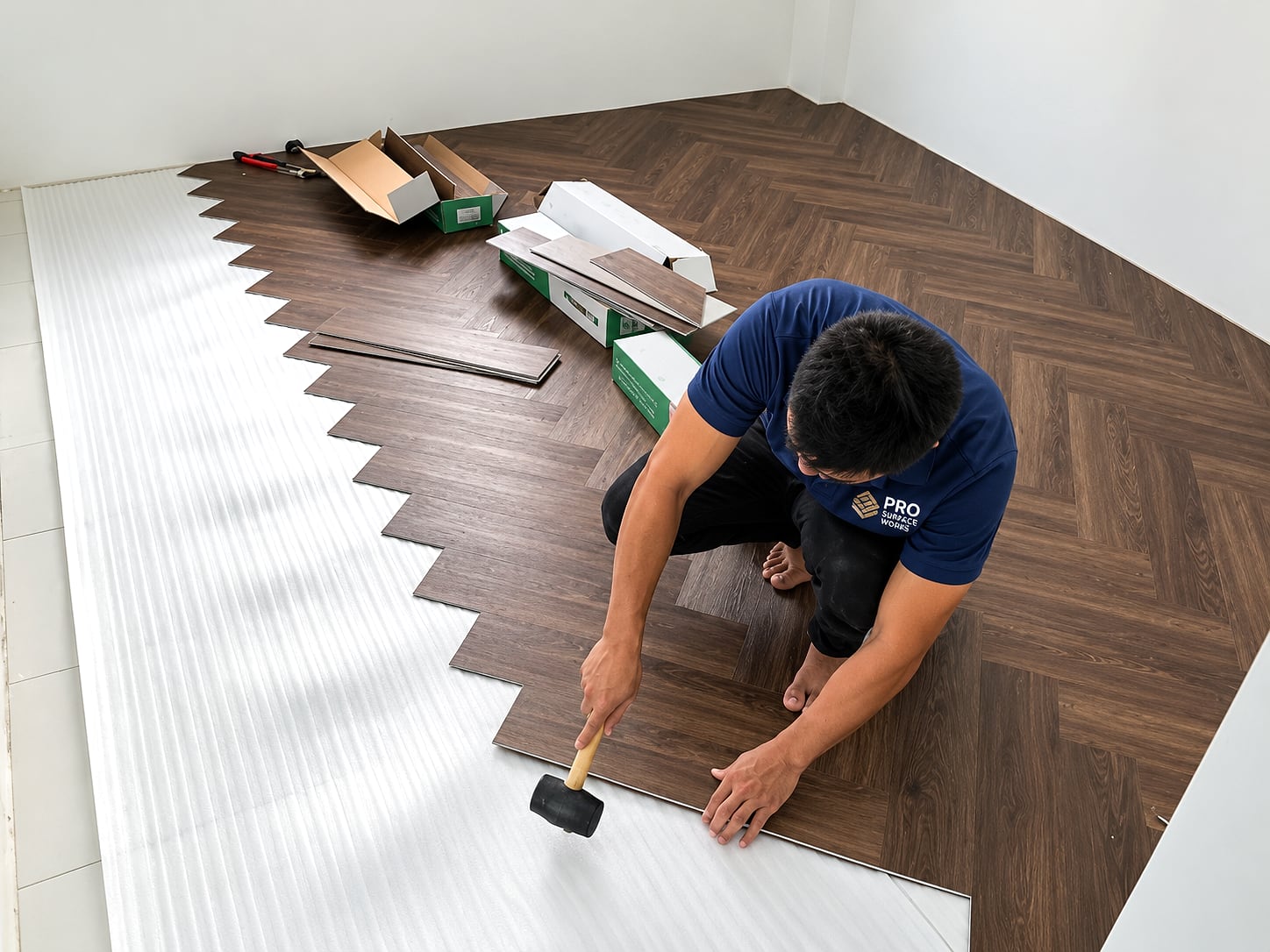 Herringbone vinyl floor installation with brown plank pattern