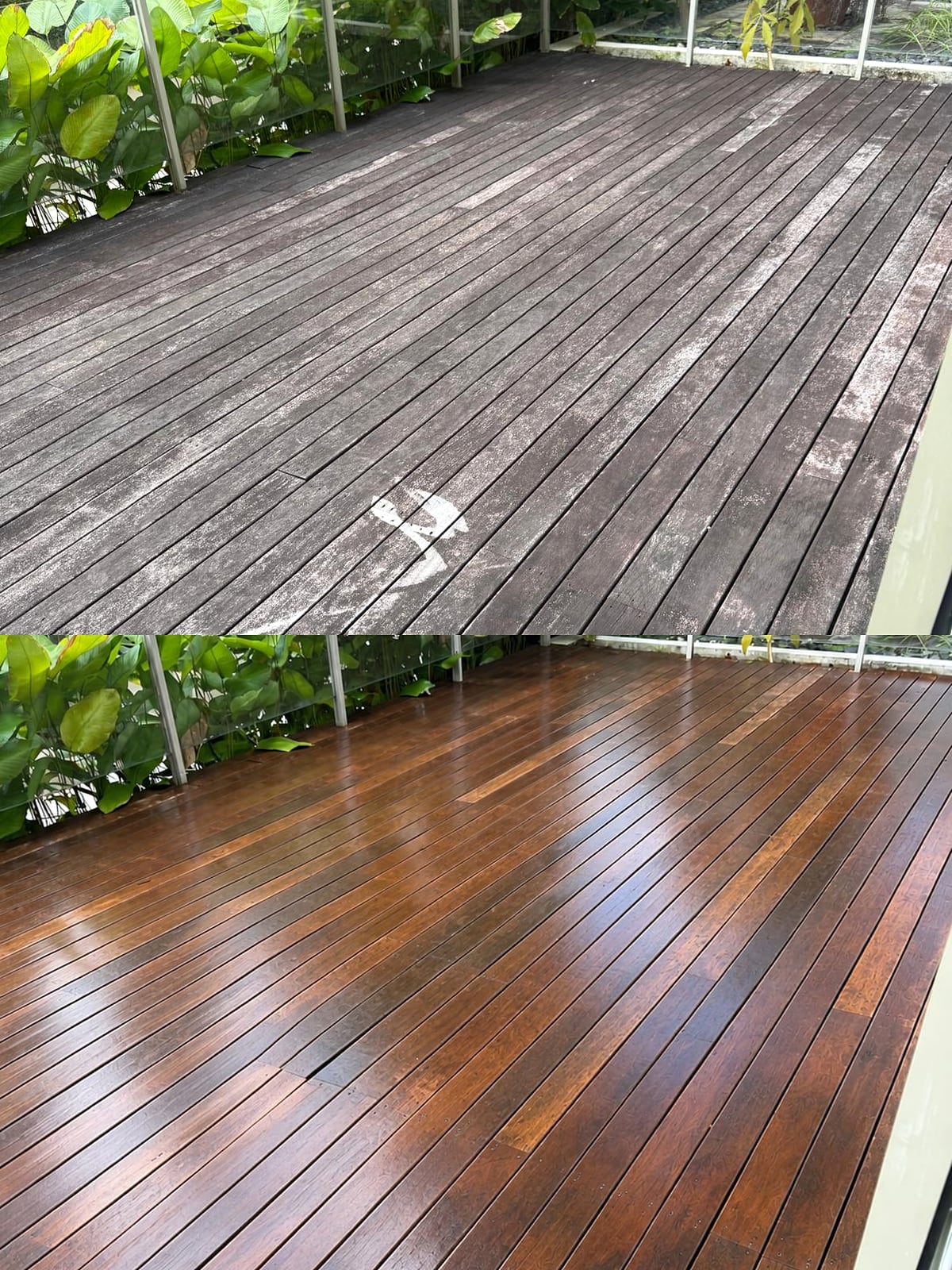 Wood deck before and after restoration with renewed outdoor timber boards